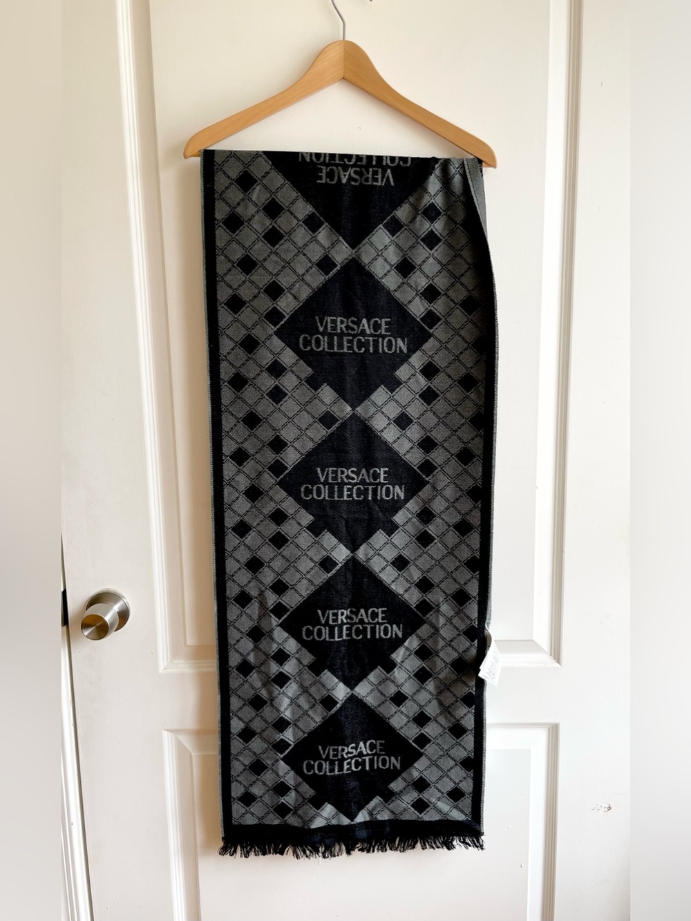 Versace Collection Logo Argyle Plaid Scarf Wool Blend  16”x70” NWT